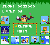 Taz-Mania GG, Pause Menu.png