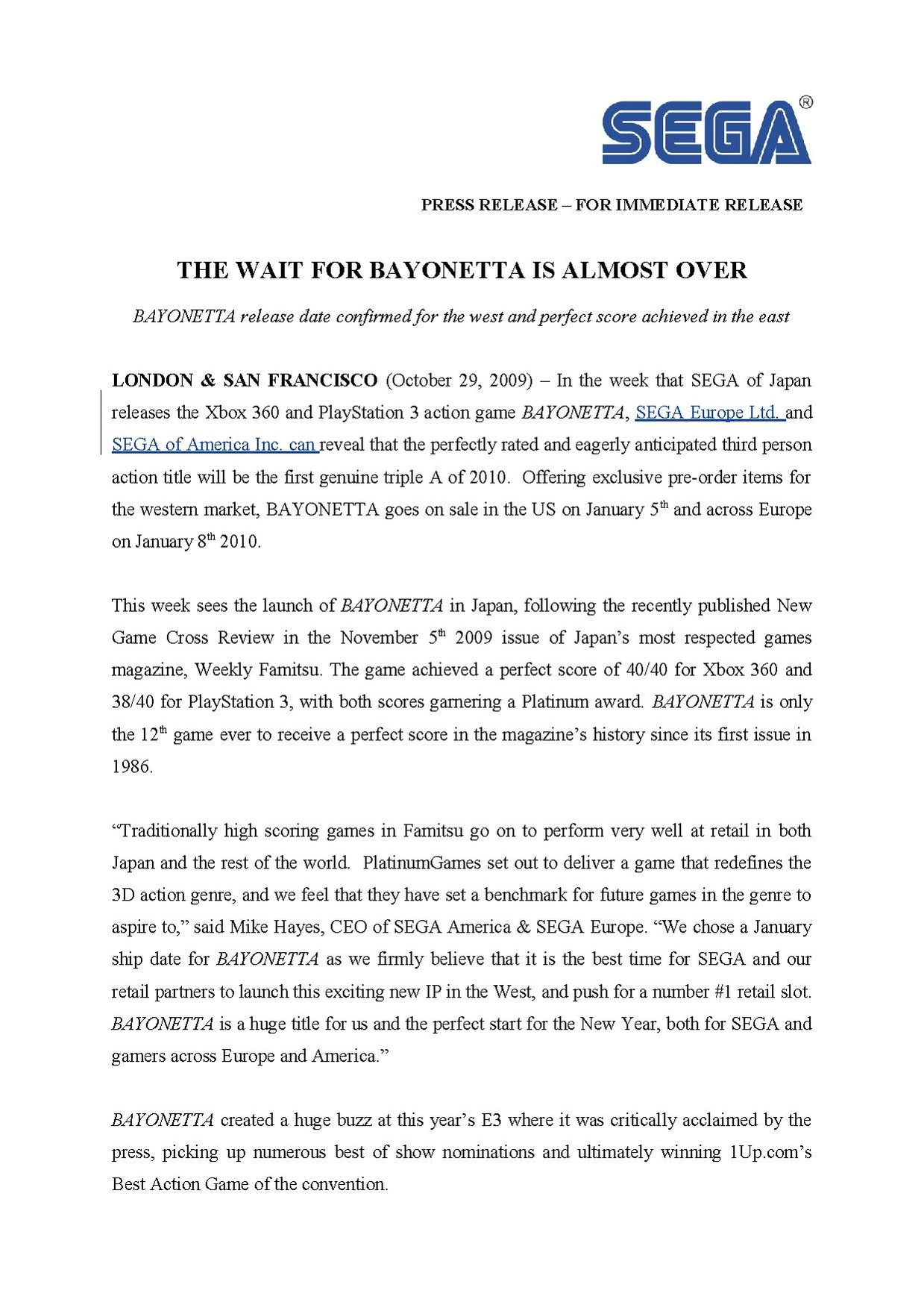 » Blog Archive » SEGA announce Bayonetta: Climax  Edition for Europe