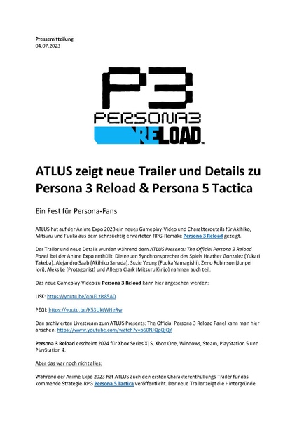 Persona 3 Reload - Contenus - PLAION Press Server