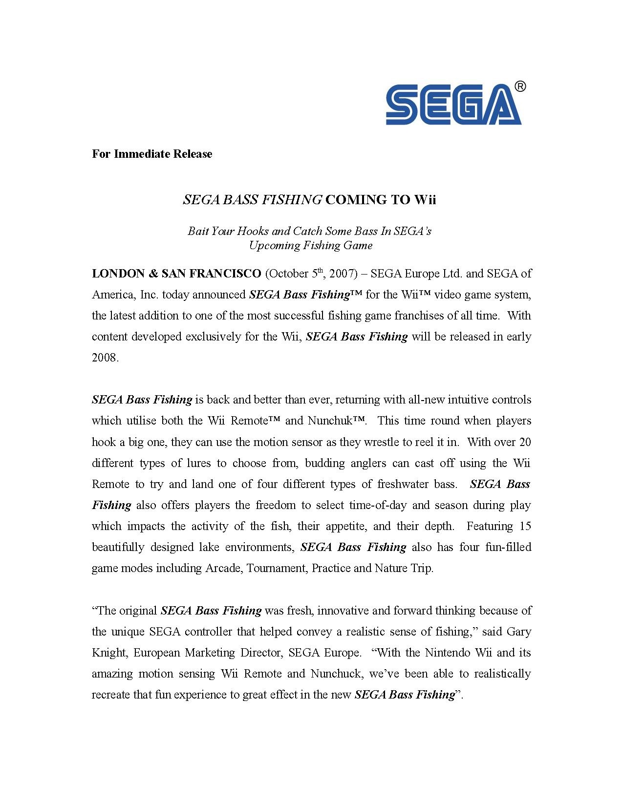 Sega Bass Fishing (Nintendo Wii, 2008)